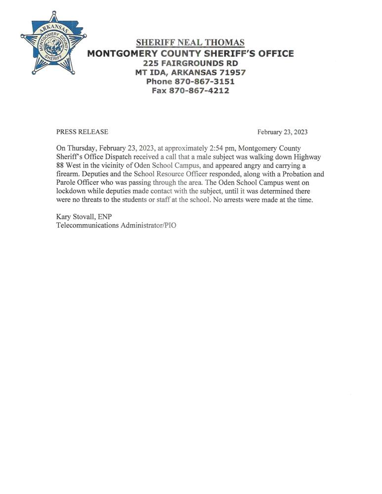 Oden School Lockdown Press Releases Montgomery County AR Sheriff
