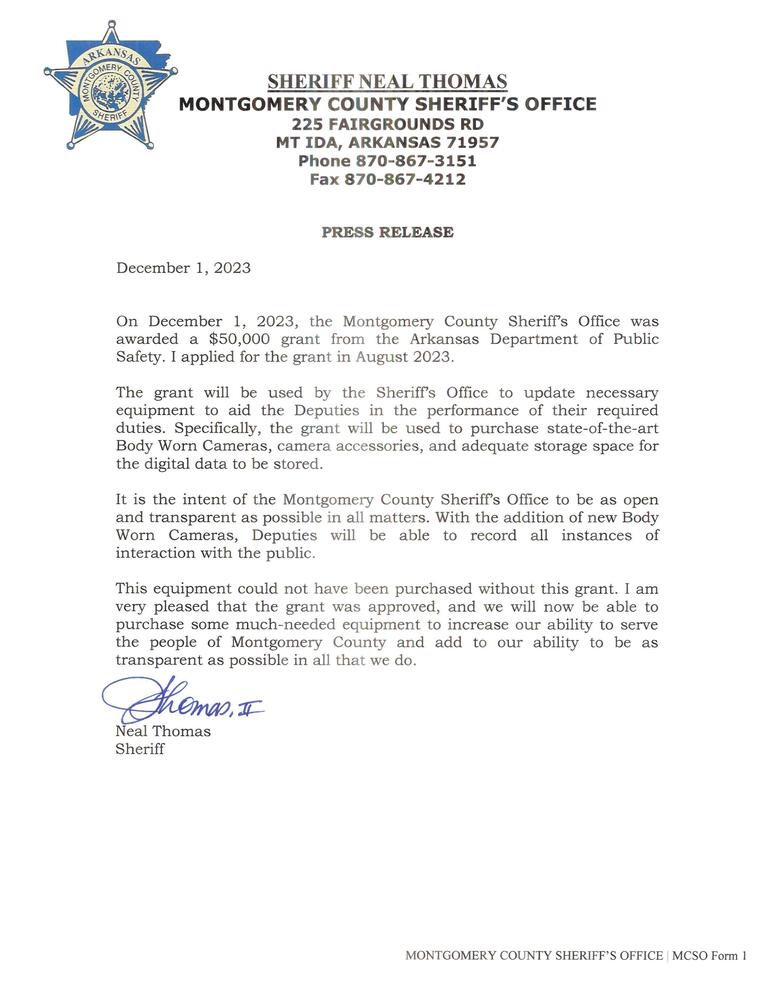 press release december 1 2023 Body Cams for Montgomery County Sheriffs Office