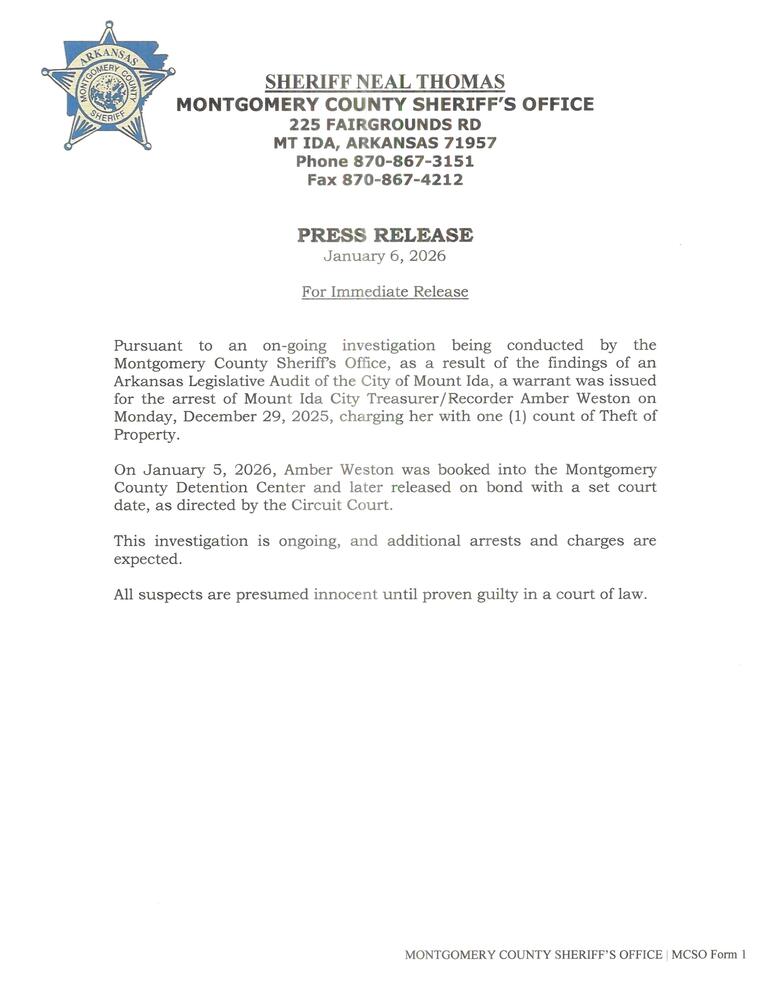 Press release from the Montgomery County Sheriff's Office